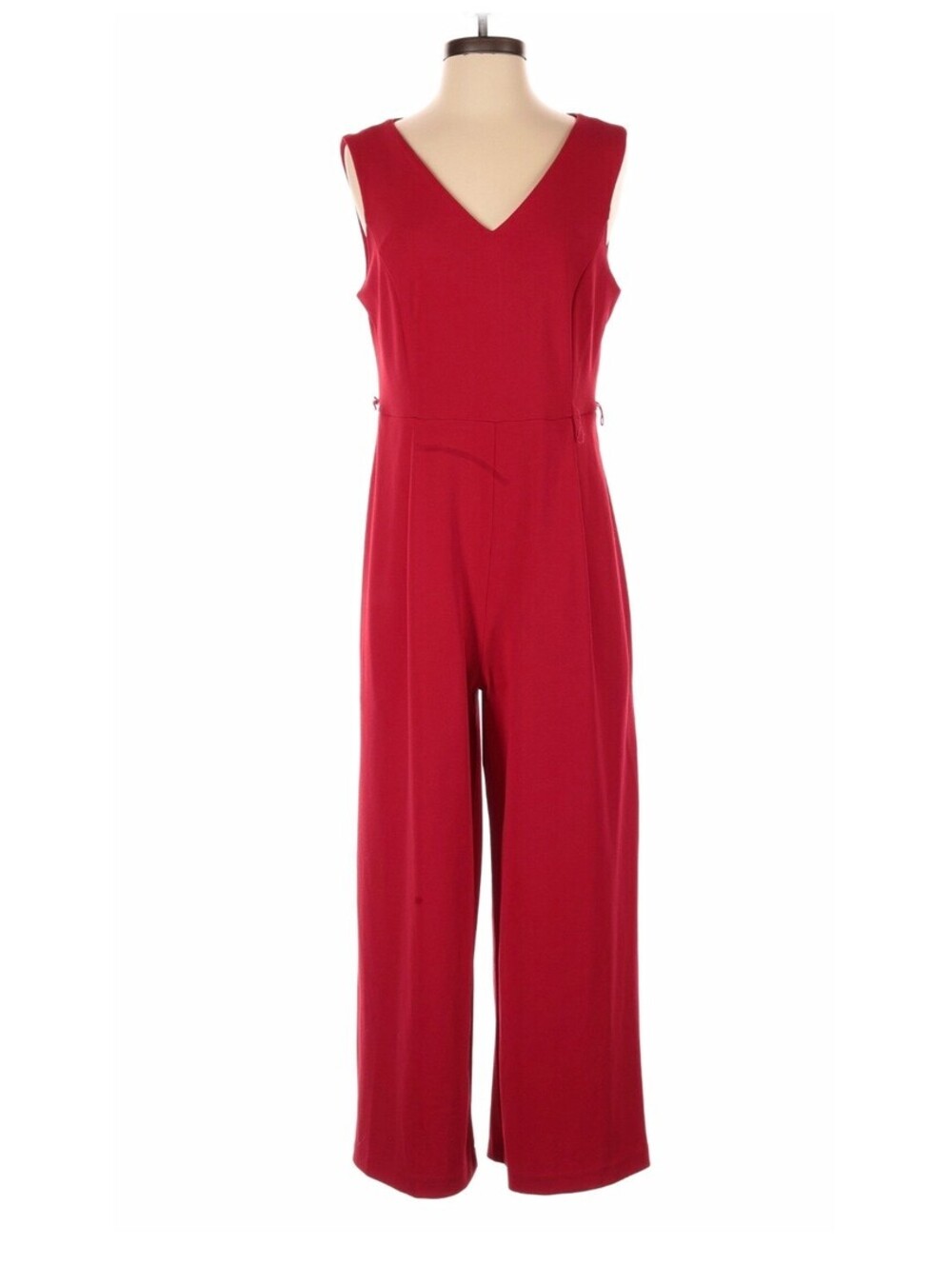 Calvin Klein Women's Red Sleeveless V-Neck Jumpsuit Size 8 with Waist Tie